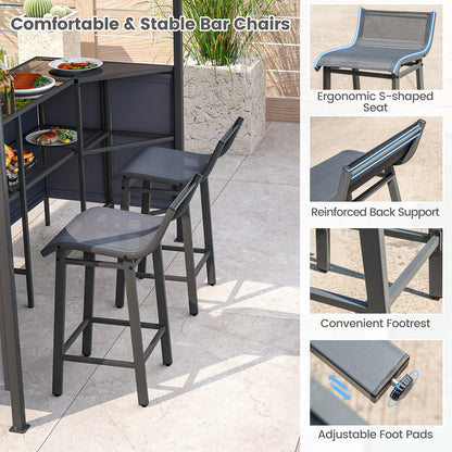 3-Piece Patio Bar Set 2.5 x 2.5 m Double-Tier Grill Gazebo with 2 Bar Stools-Grey