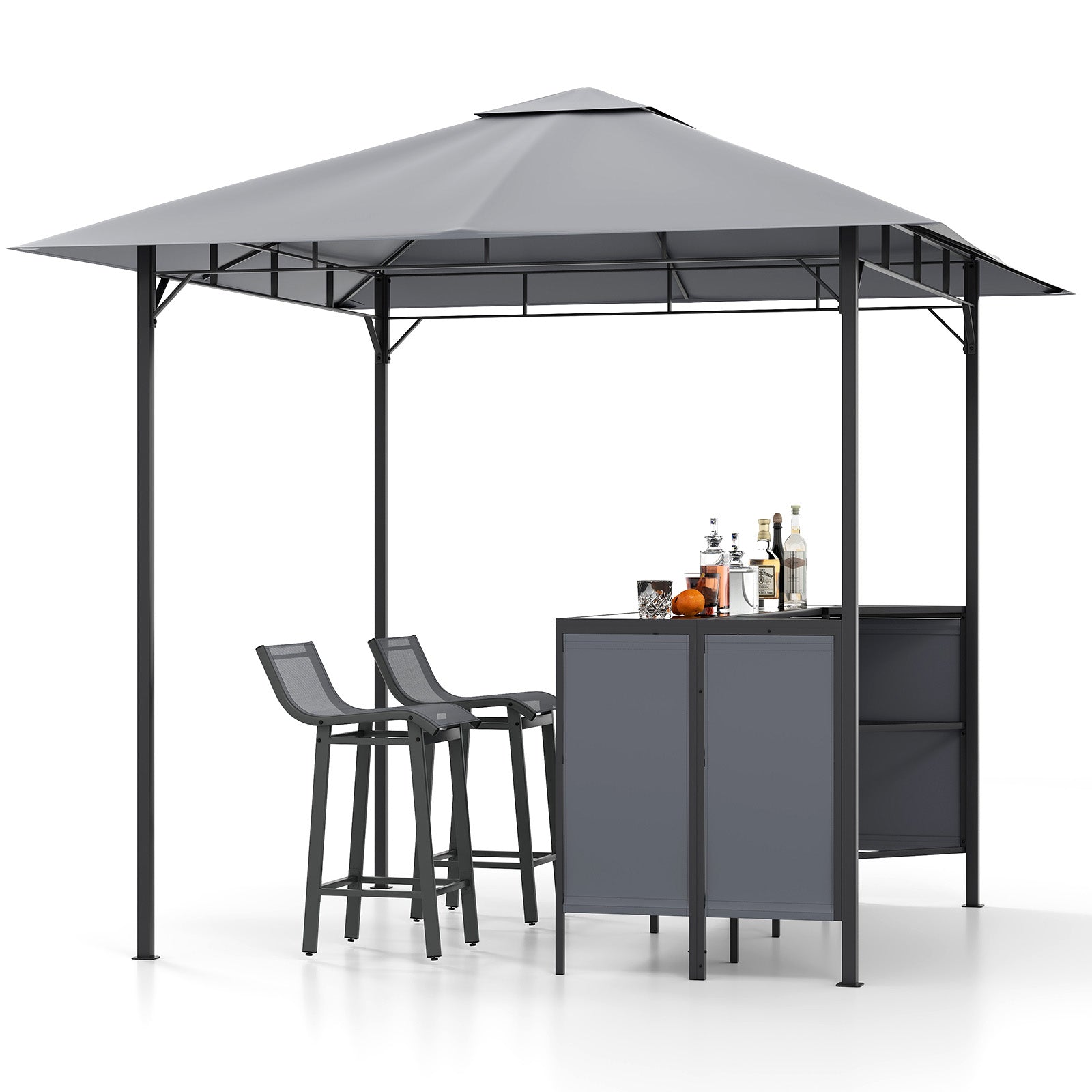 3-Piece Patio Bar Set 2.5 x 2.5 m Double-Tier Grill Gazebo with 2 Bar Stools-Grey