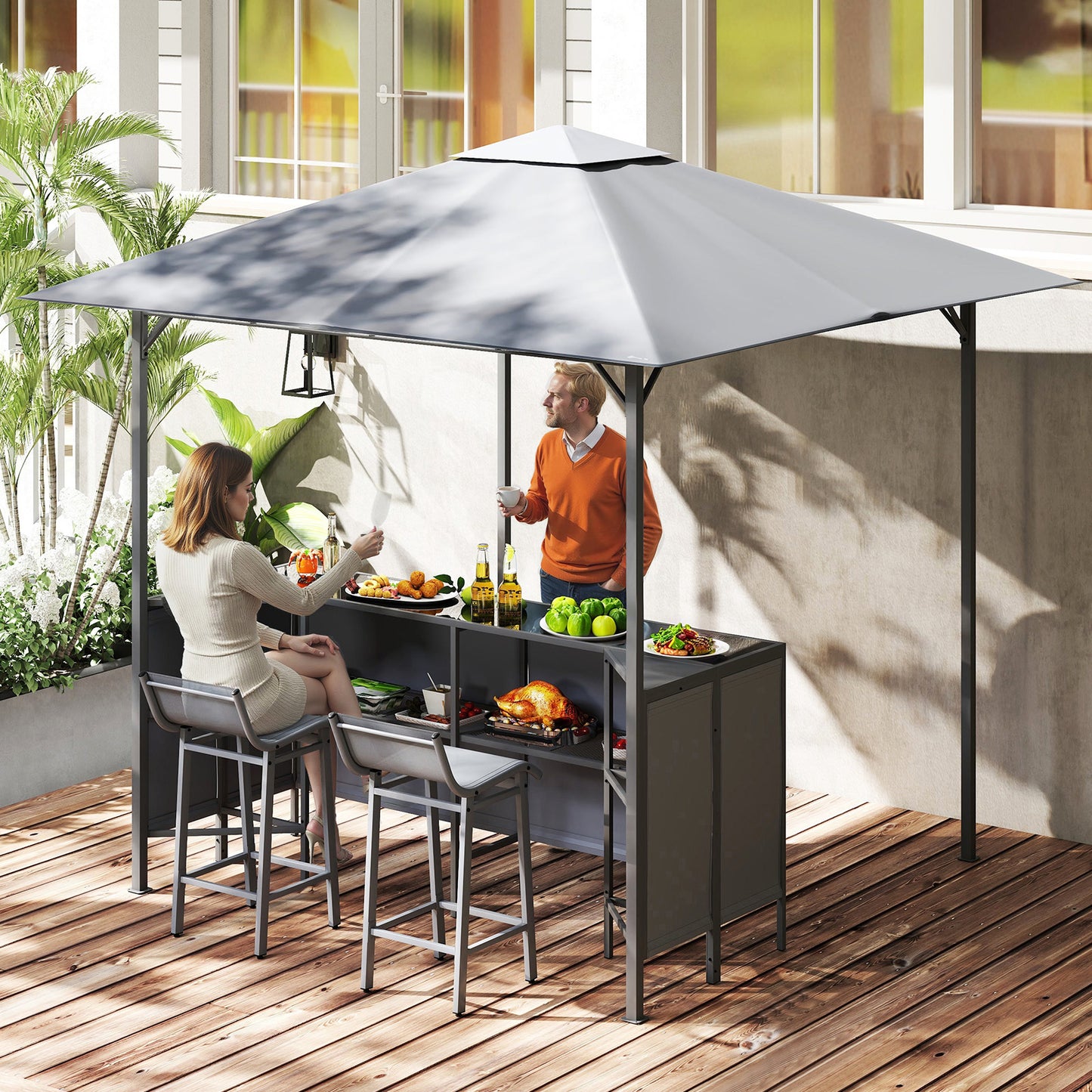 3-Piece Patio Bar Set 2.5 x 2.5 m Double-Tier Grill Gazebo with 2 Bar Stools-Grey
