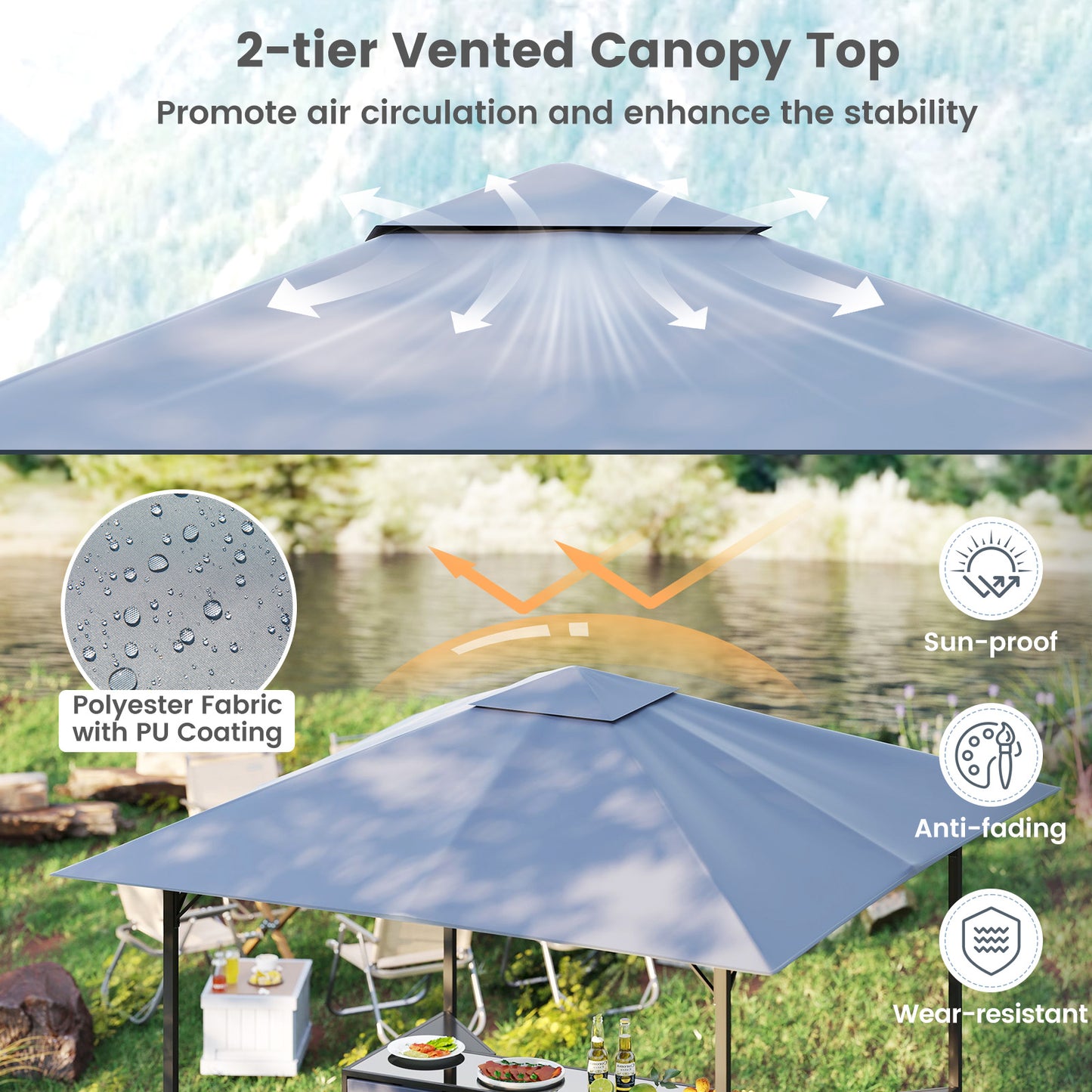 3-Piece Patio Bar Set 2.5 x 2.5 m Double-Tier Grill Gazebo with 2 Bar Stools-Grey