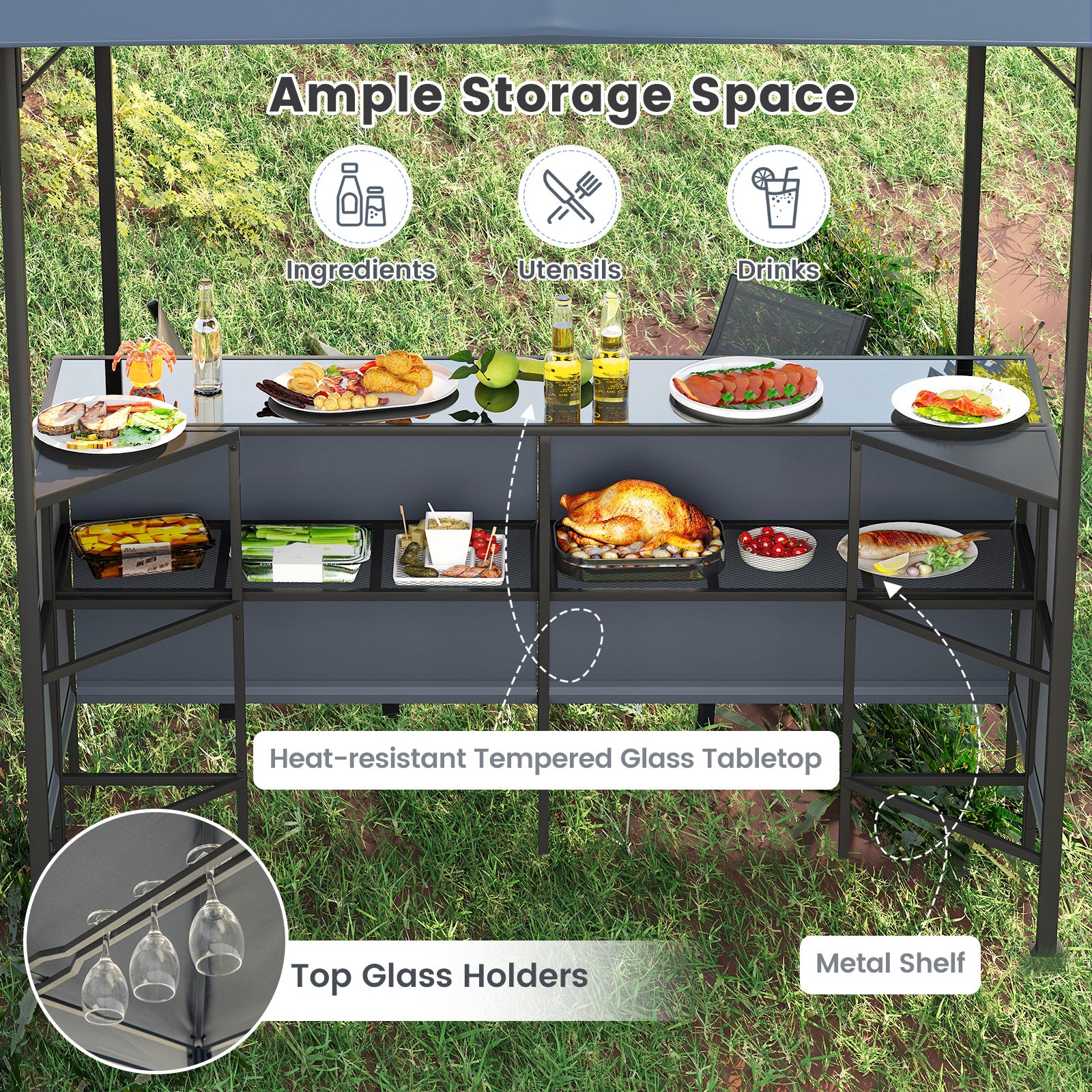 3-Piece Patio Bar Set 2.5 x 2.5 m Double-Tier Grill Gazebo with 2 Bar Stools-Grey