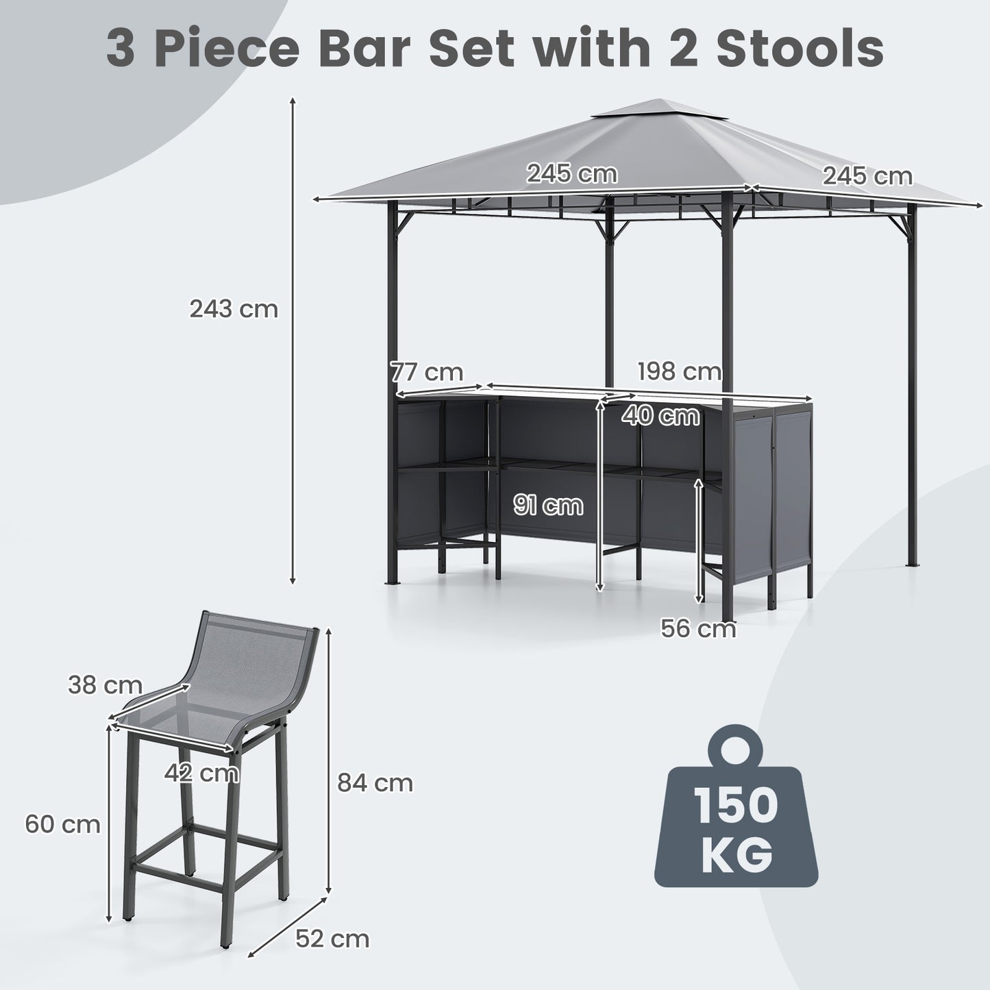 3-Piece Patio Bar Set 2.5 x 2.5 m Double-Tier Grill Gazebo with 2 Bar Stools-Grey