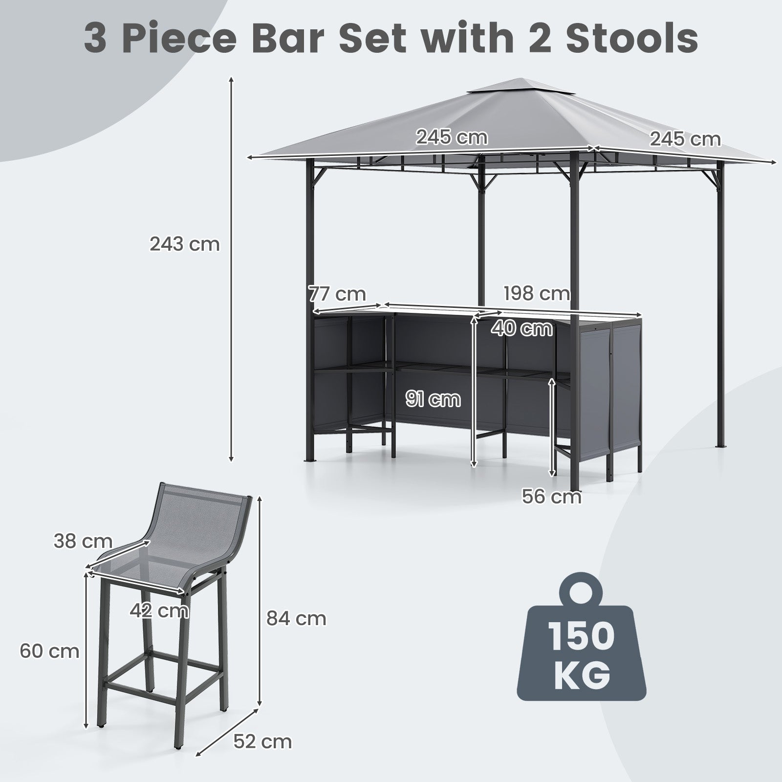 3-Piece Patio Bar Set 2.5 x 2.5 m Double-Tier Grill Gazebo with 2 Bar Stools-Grey