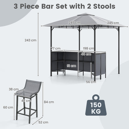 3-Piece Patio Bar Set 2.5 x 2.5 m Double-Tier Grill Gazebo with 2 Bar Stools-Grey