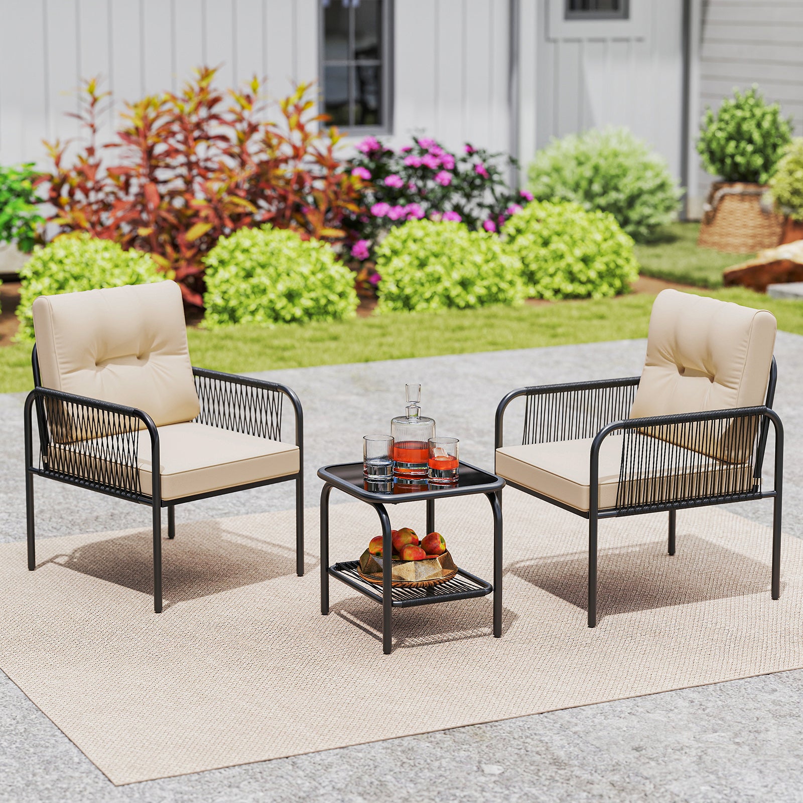 3 Pieces PE Rattan Patio Bistro Set with Tempered Glass Table and Chairs for Porch Backyard-Beige