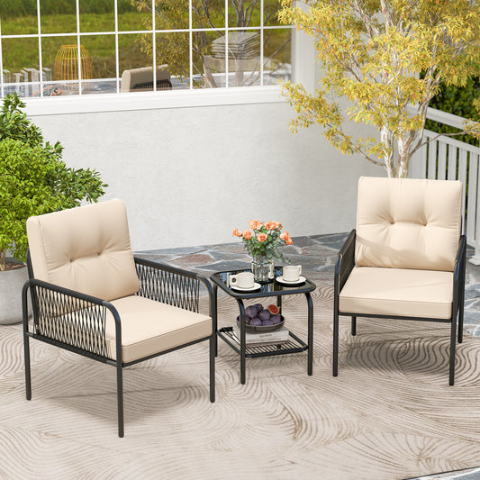 3 Pieces PE Rattan Patio Bistro Set with Tempered Glass Table and Chairs for Porch Backyard-Beige