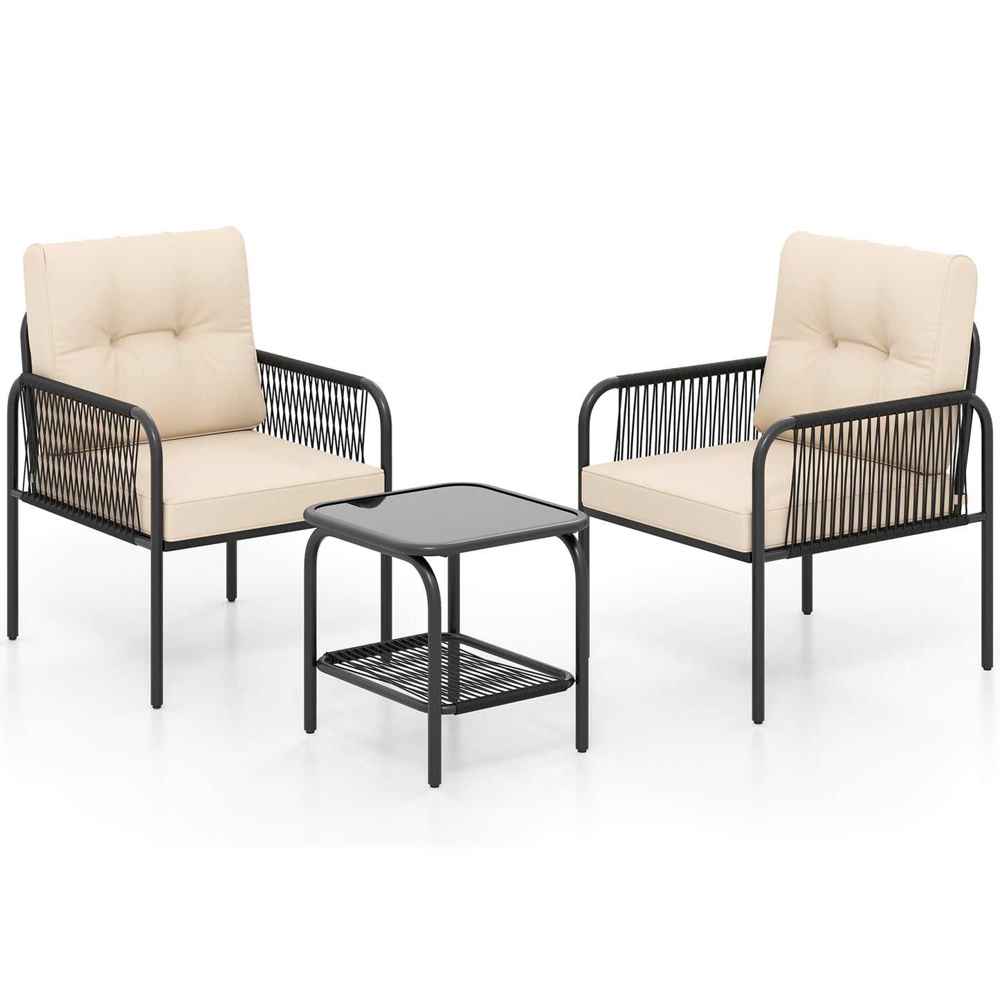 3 Pieces PE Rattan Patio Bistro Set with Tempered Glass Table and Chairs for Porch Backyard-Beige