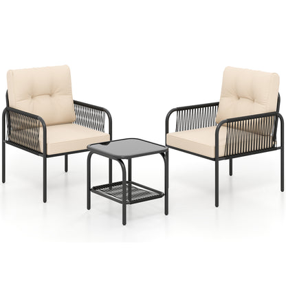 3 Pieces PE Rattan Patio Bistro Set with Tempered Glass Table and Chairs for Porch Backyard-Beige