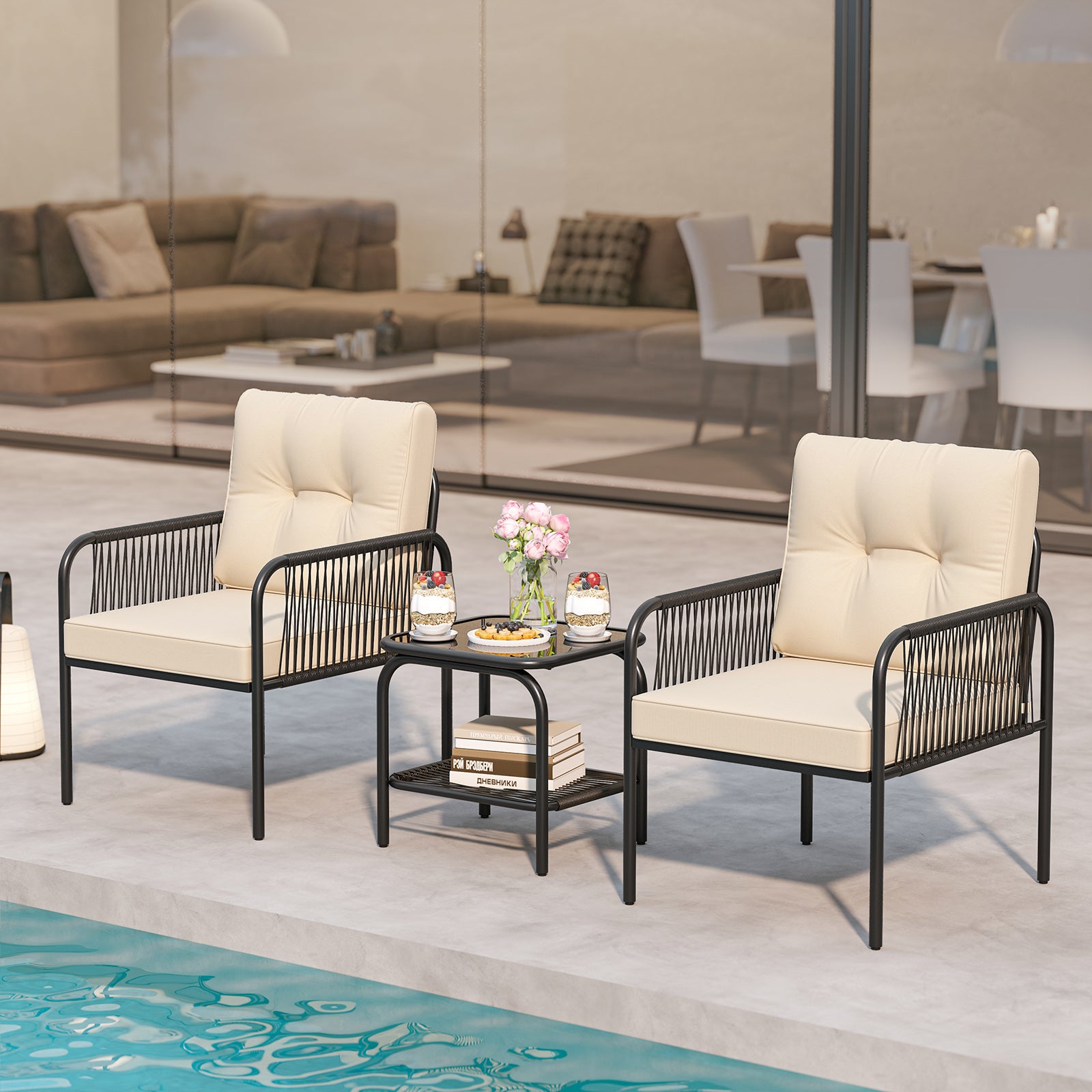 3 Pieces PE Rattan Patio Bistro Set with Tempered Glass Table and Chairs for Porch Backyard-Beige