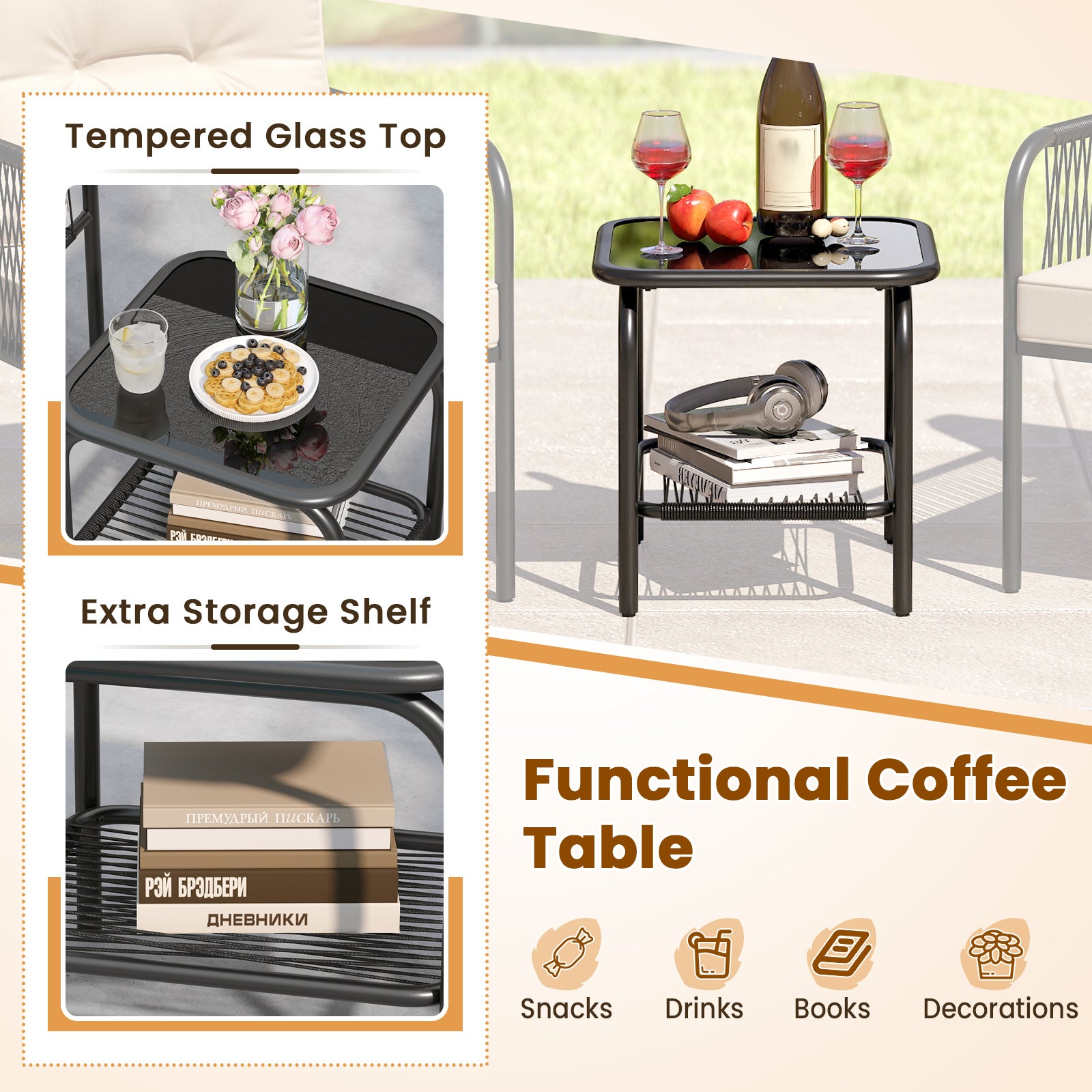 3 Pieces PE Rattan Patio Bistro Set with Tempered Glass Table and Chairs for Porch Backyard-Beige