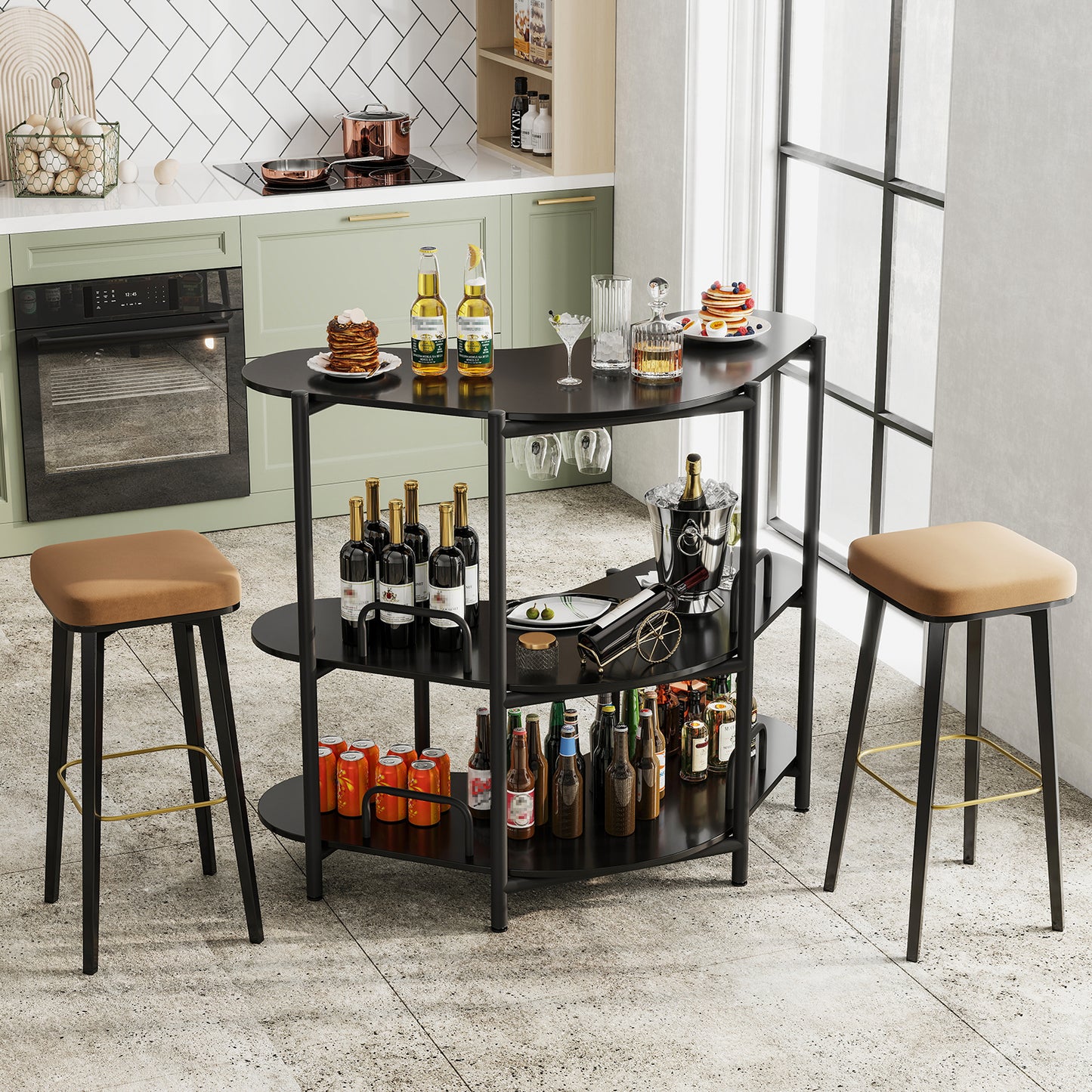 3 Tier Corner Bar Table with Wine Glasses Holder and Proper Height-Black