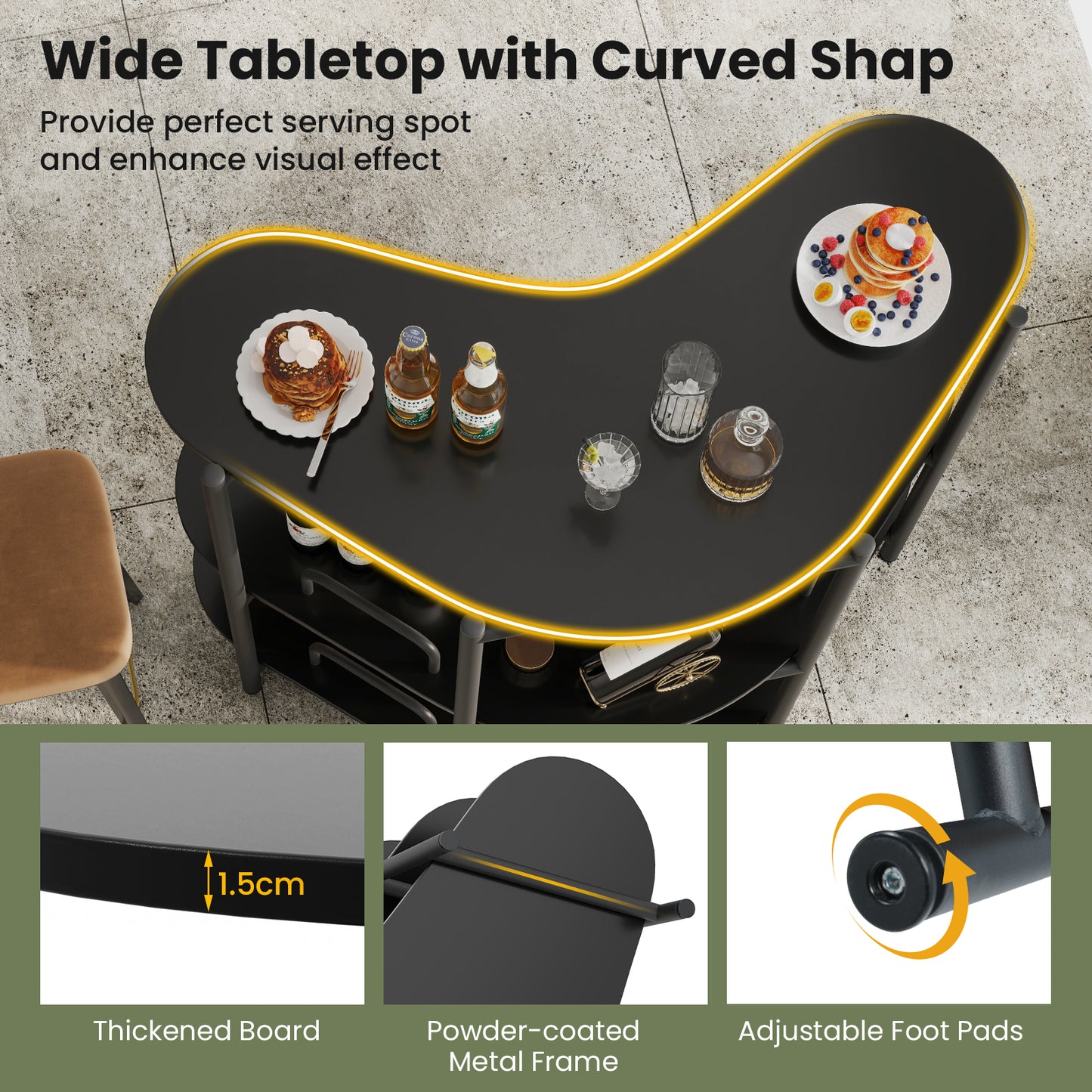 3 Tier Corner Bar Table with Wine Glasses Holder and Proper Height-Black