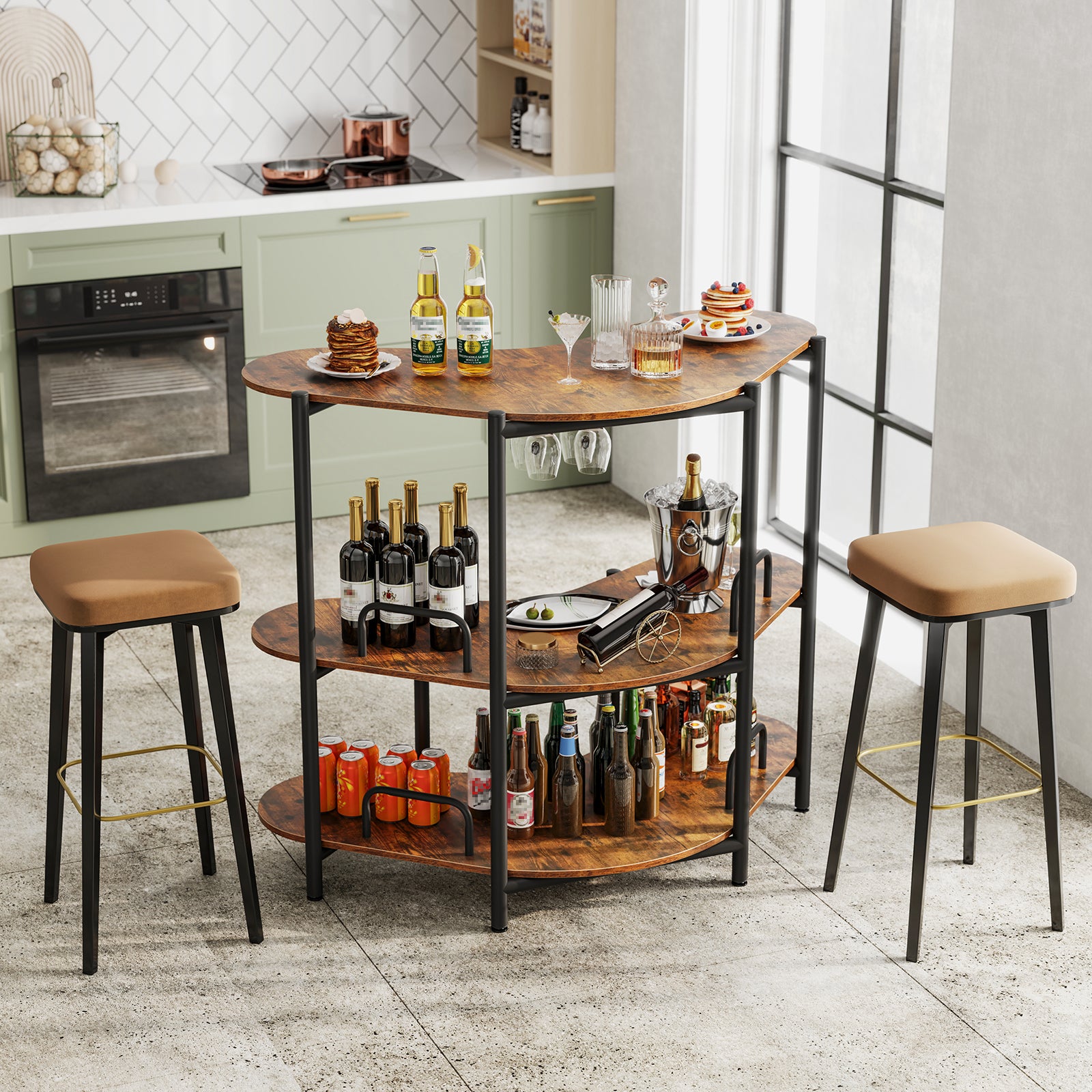 3 Tier Corner Bar Table with Wine Glasses Holder and Proper Height-Rustic Brown
