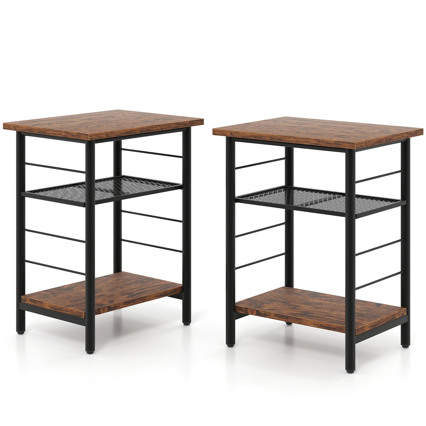 3-Tier End Table Set of 2 with Storage Shelves-Rustic Brown-2 pieces