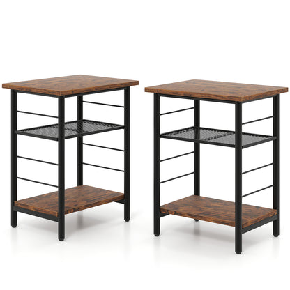 3-Tier End Table Set of 2 with Storage Shelves-Rustic Brown-2 pieces