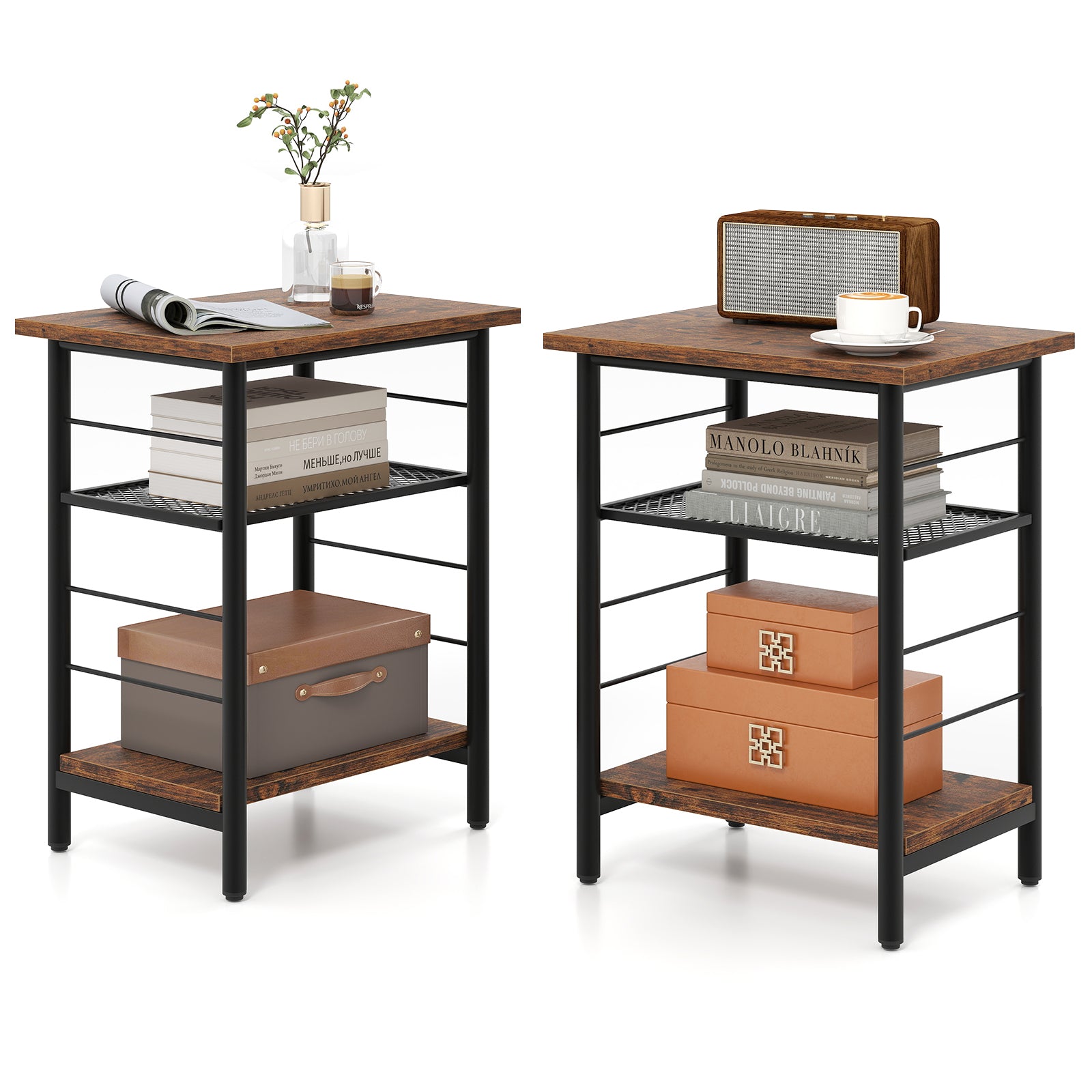 3-Tier End Table Set of 2 with Storage Shelves-Rustic Brown-2 pieces