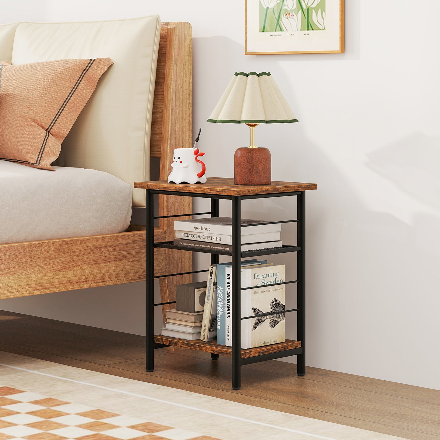 3-Tier End Table Set of 2 with Storage Shelves-Rustic Brown-2 pieces