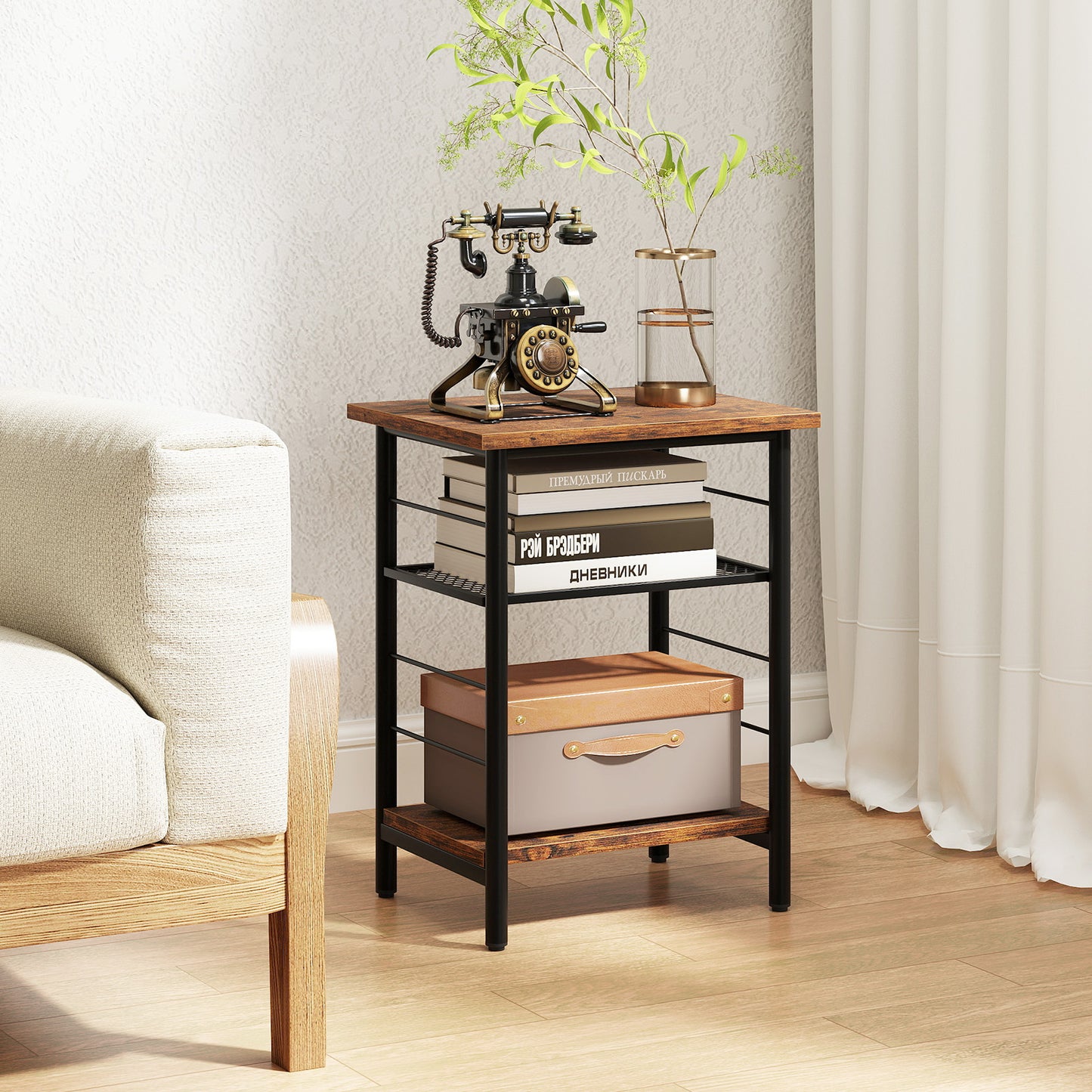 3-Tier End Table Set of 2 with Storage Shelves-Rustic Brown-2 pieces