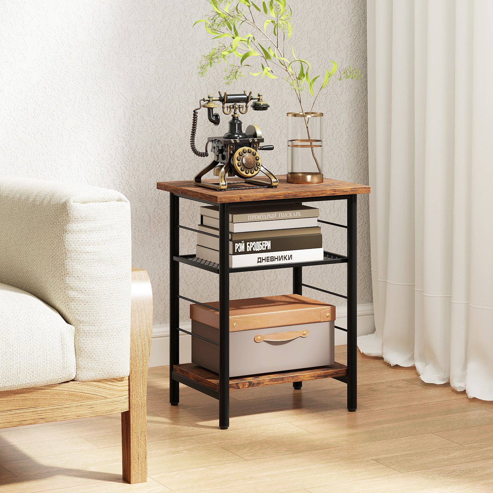 3-Tier End Table Set of 2 with Storage Shelves-Rustic Brown-2 pieces