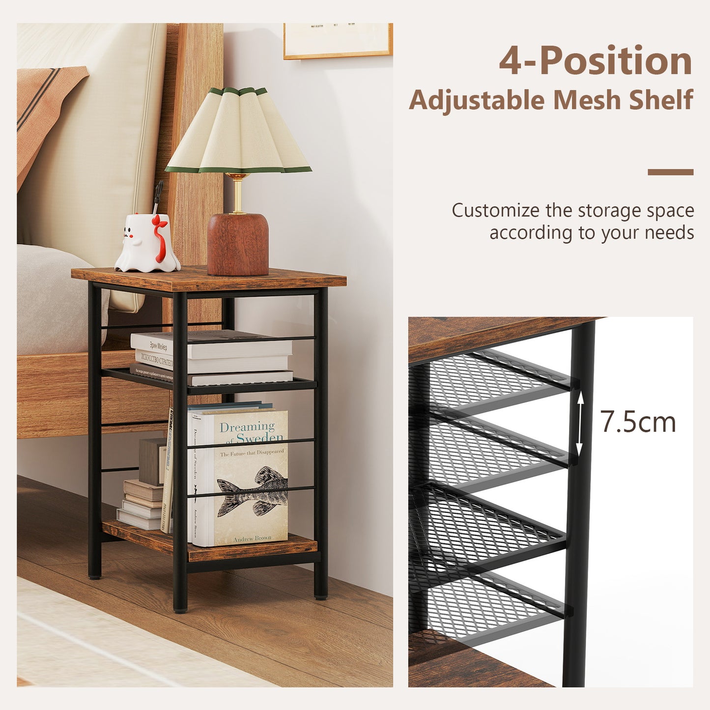 3-Tier End Table Set of 2 with Storage Shelves-Rustic Brown-2 pieces