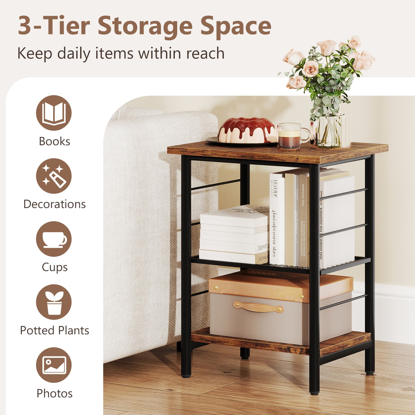 3-Tier End Table Set of 2 with Storage Shelves-Rustic Brown-2 pieces