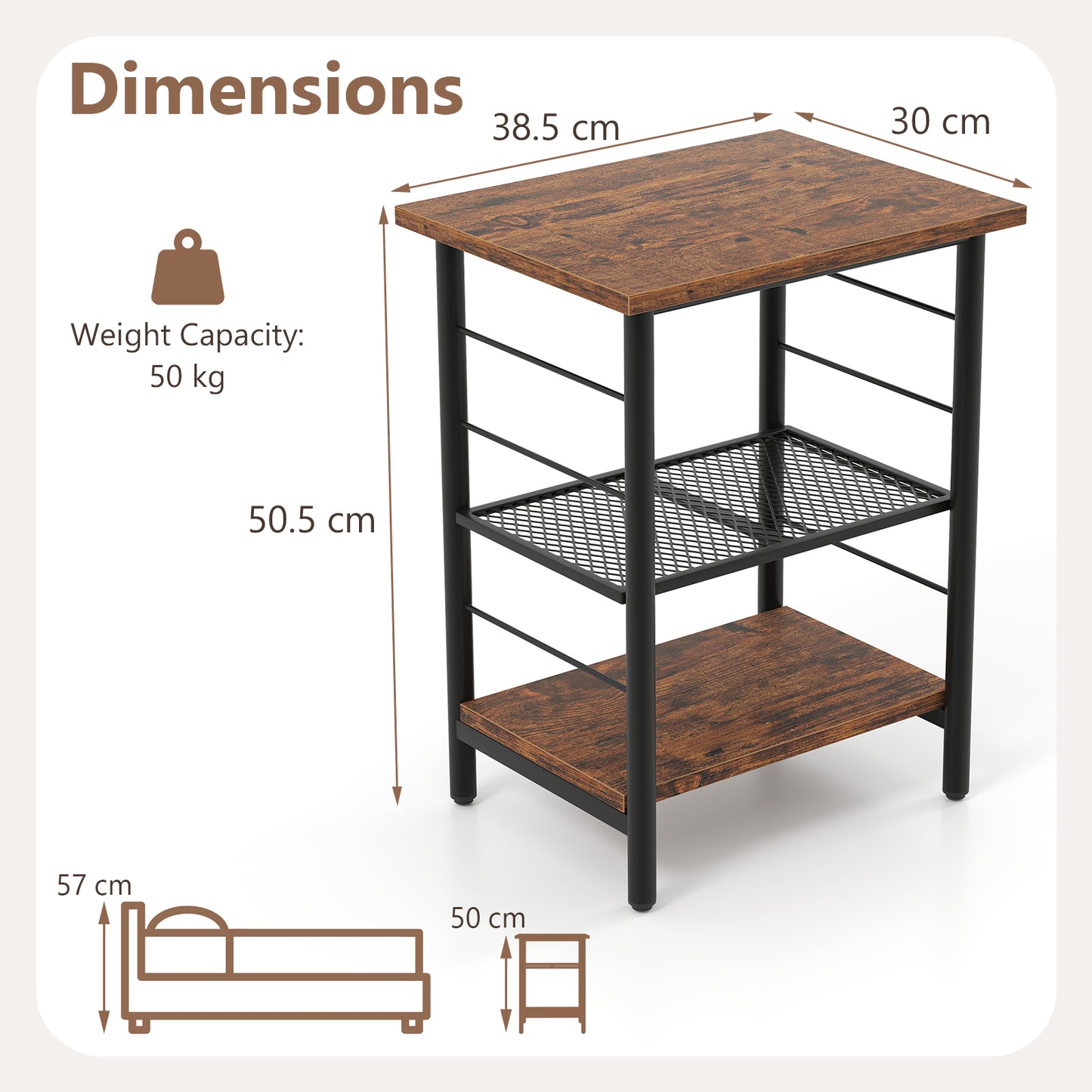 3-Tier End Table Set of 2 with Storage Shelves-Rustic Brown-2 pieces