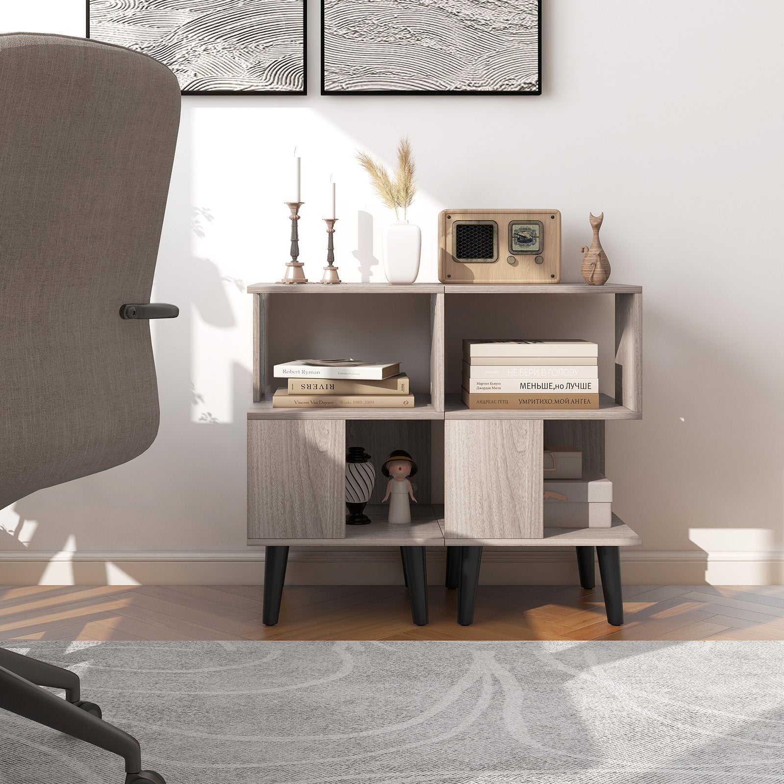 3-Tier Geometric Bookshelf Set of 2 Modern Asymmetrical End Table