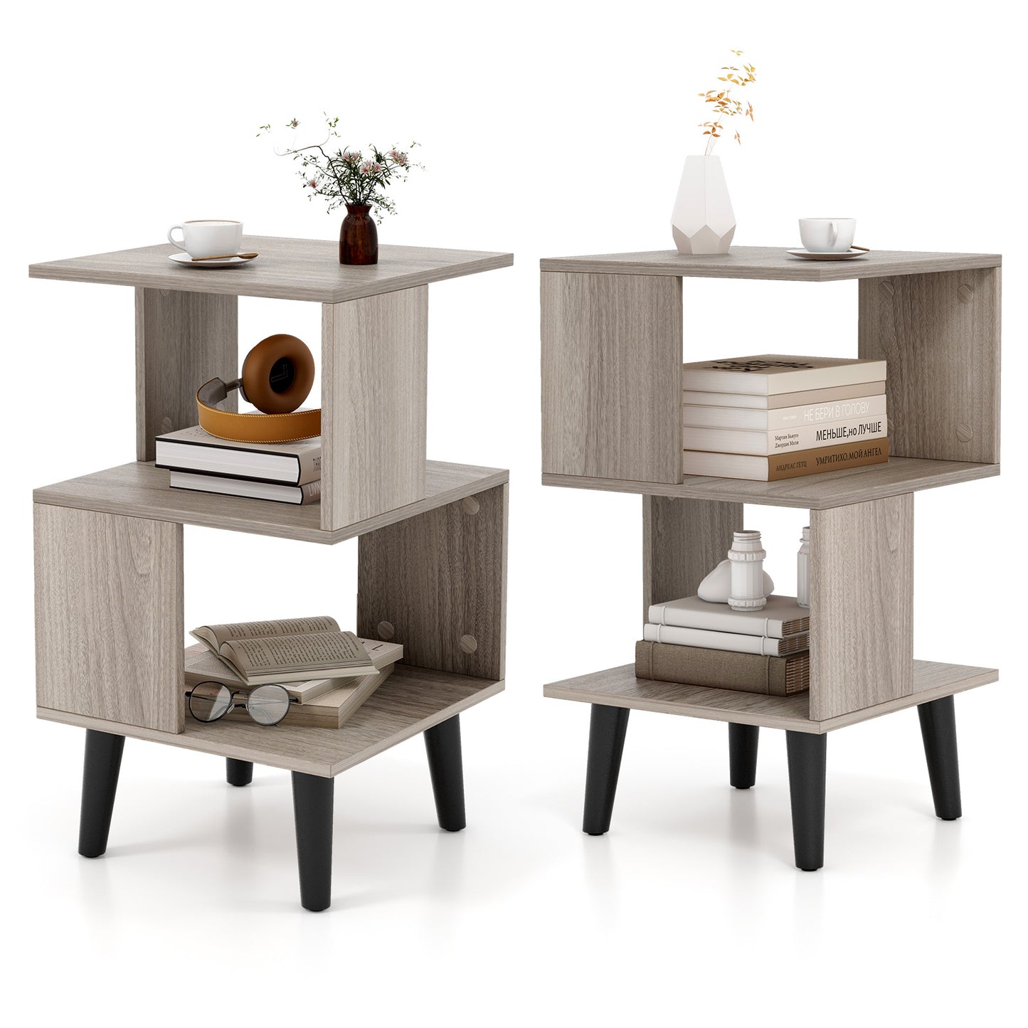3-Tier Geometric Bookshelf Set of 2 Modern Asymmetrical End Table