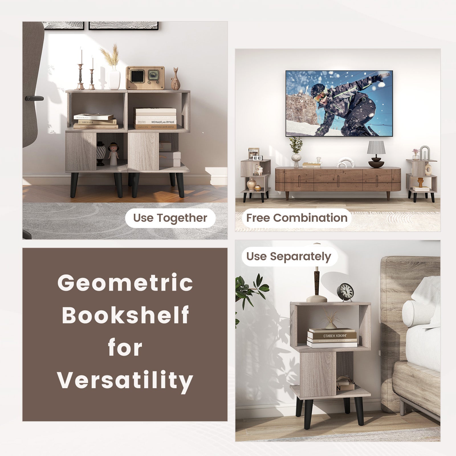 3-Tier Geometric Bookshelf Set of 2 Modern Asymmetrical End Table