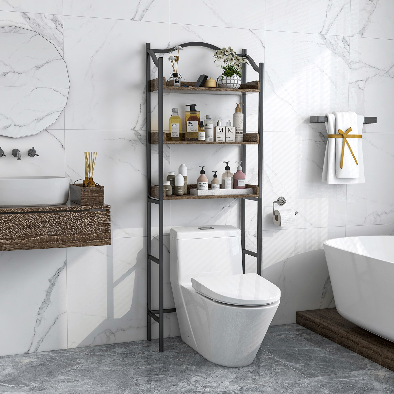 3-Tier Over The Toilet Storage Rack with Adjustable Bottom Bar-Black