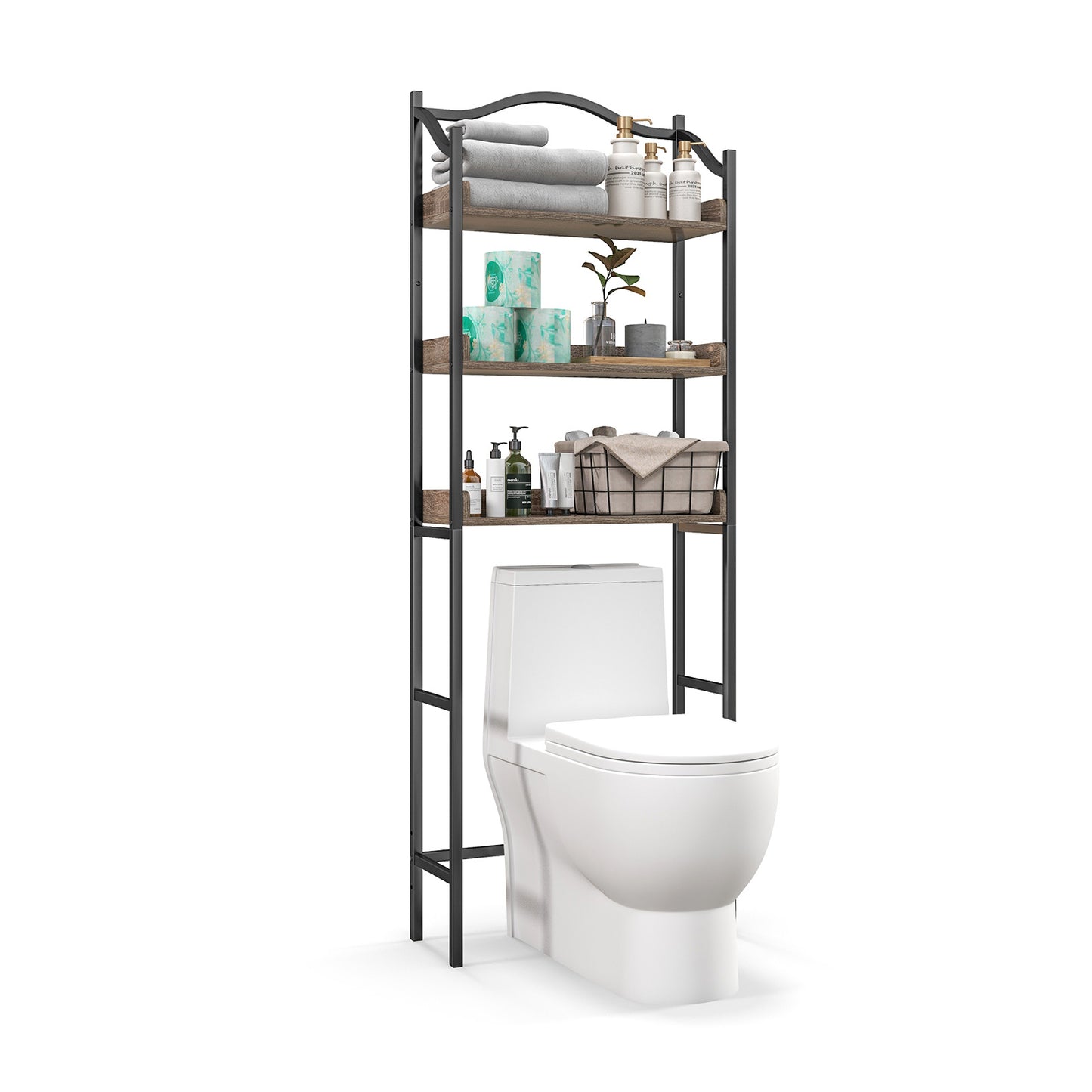 3-Tier Over The Toilet Storage Rack with Adjustable Bottom Bar-Black