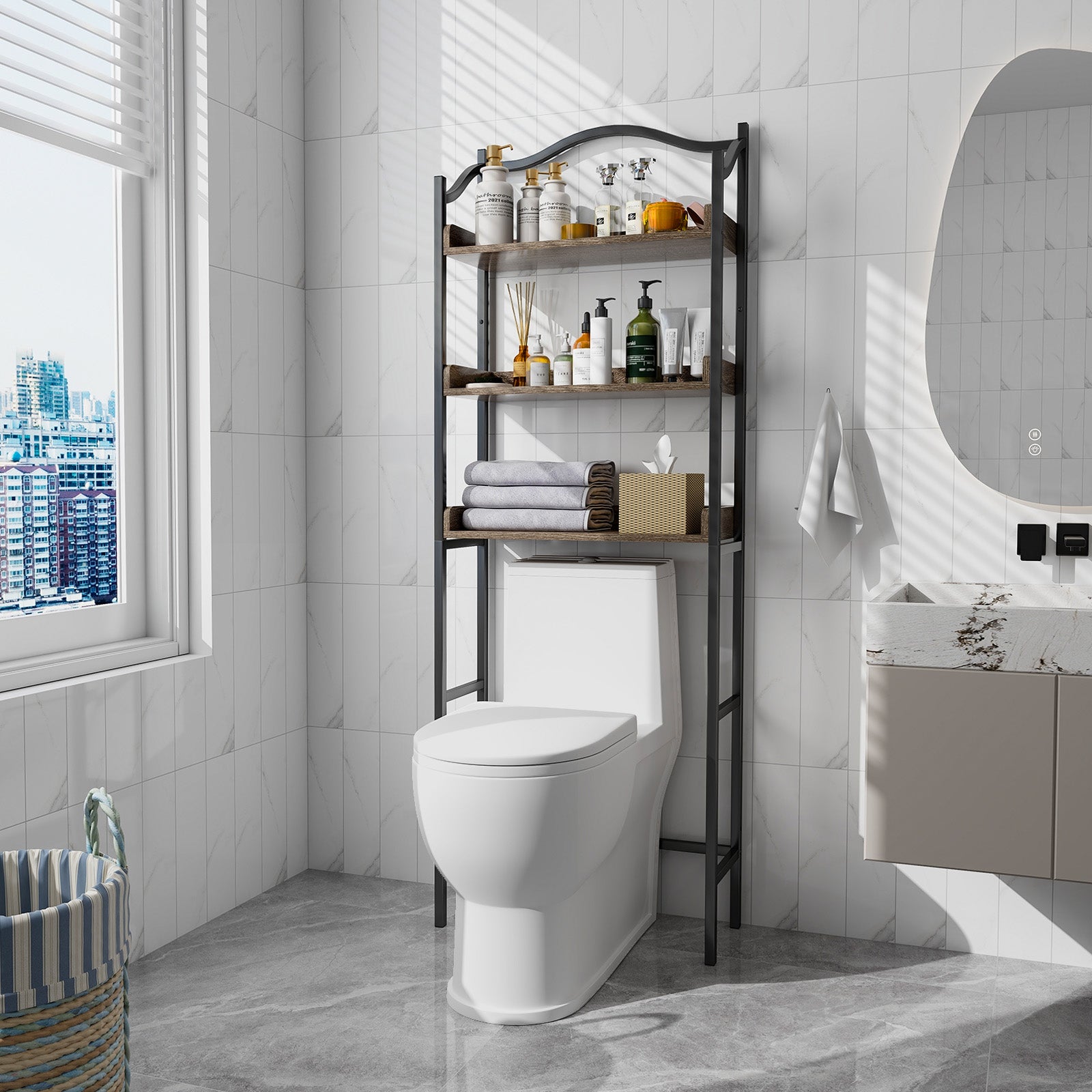 3-Tier Over The Toilet Storage Rack with Adjustable Bottom Bar-Black