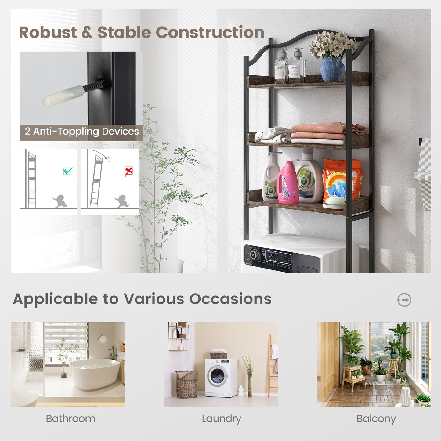 3-Tier Over The Toilet Storage Rack with Adjustable Bottom Bar-Black