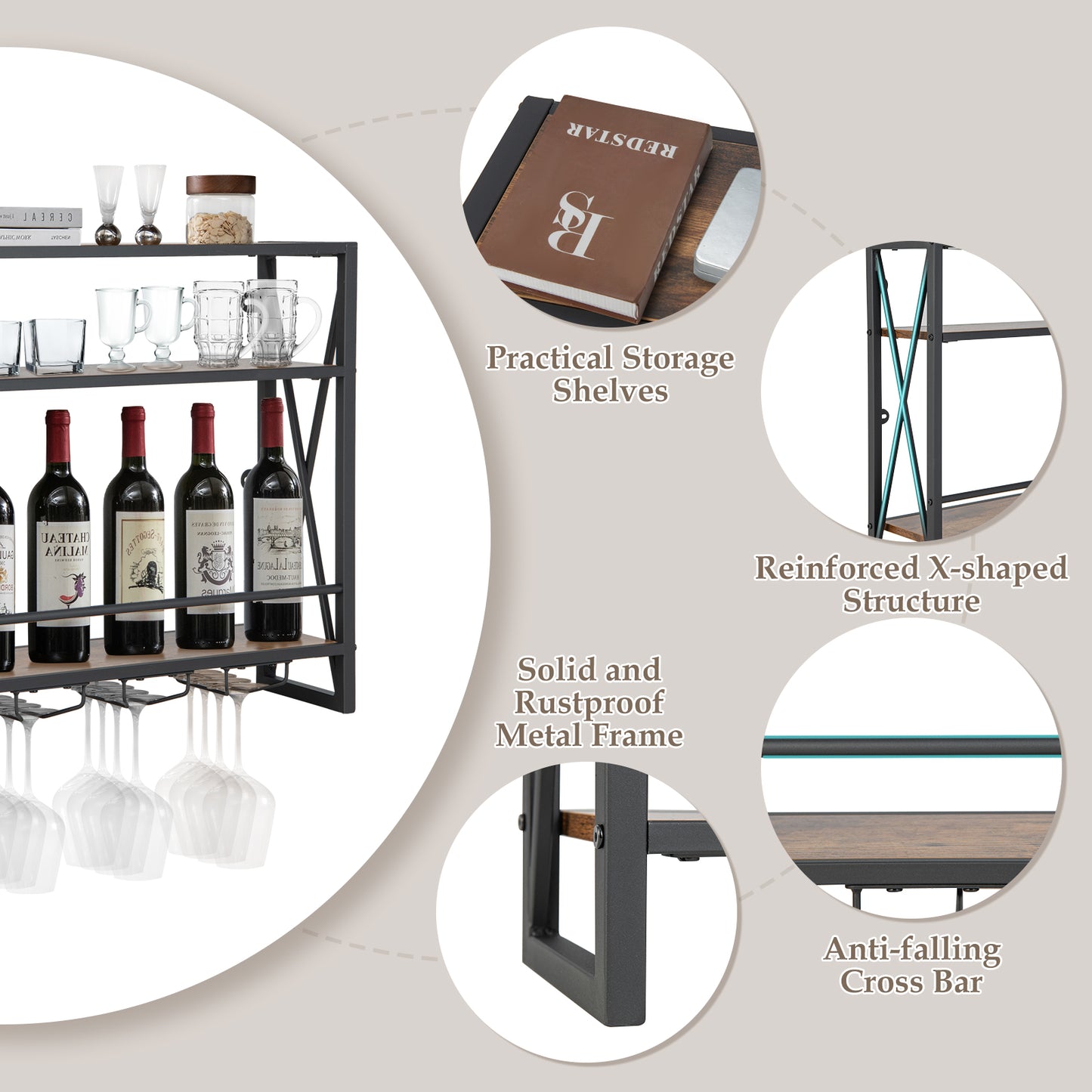 3 Tiers Metal Industrial Wall Mounted Wine Rack for Home Bar