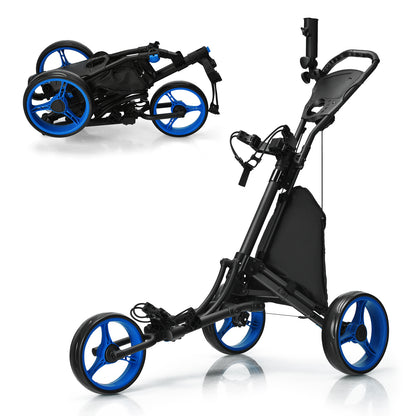 3 Wheel Folding Golf Walking Push Cart with Coated Storage Bag-Blue