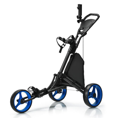 3 Wheel Folding Golf Walking Push Cart with Coated Storage Bag-Blue