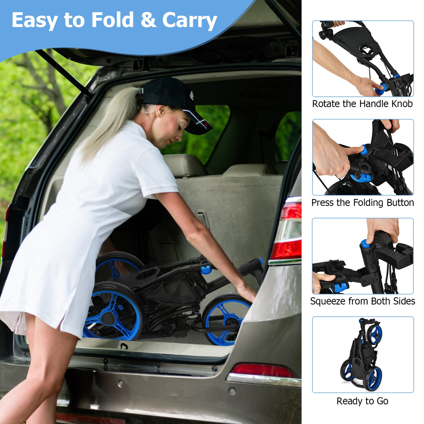 3 Wheel Folding Golf Walking Push Cart with Coated Storage Bag-Blue