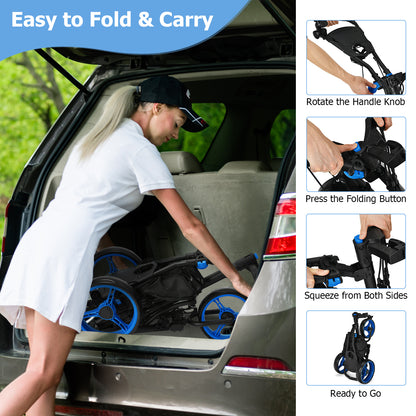 3 Wheel Folding Golf Walking Push Cart with Coated Storage Bag-Blue