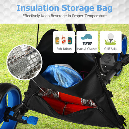 3 Wheel Folding Golf Walking Push Cart with Coated Storage Bag-Blue