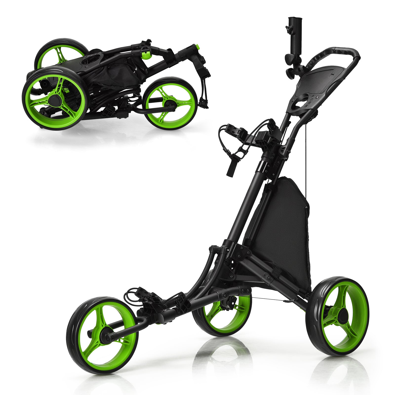 3 Wheel Folding Golf Walking Push Cart with Coated Storage Bag-Green