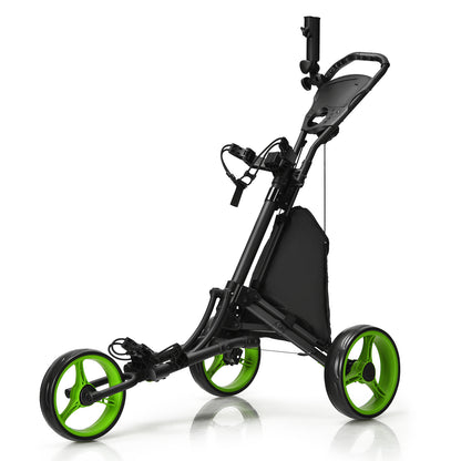 3 Wheel Folding Golf Walking Push Cart with Coated Storage Bag-Green