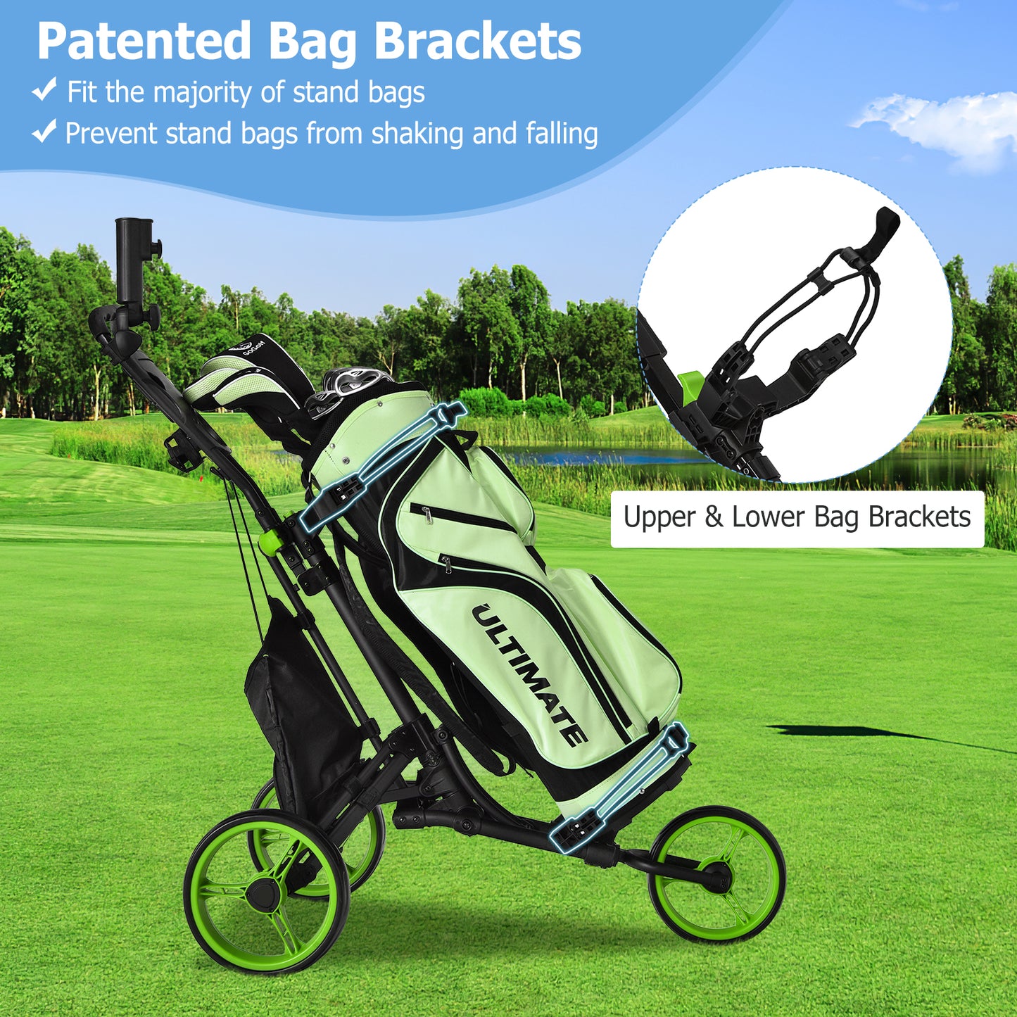 3 Wheel Folding Golf Walking Push Cart with Coated Storage Bag-Green