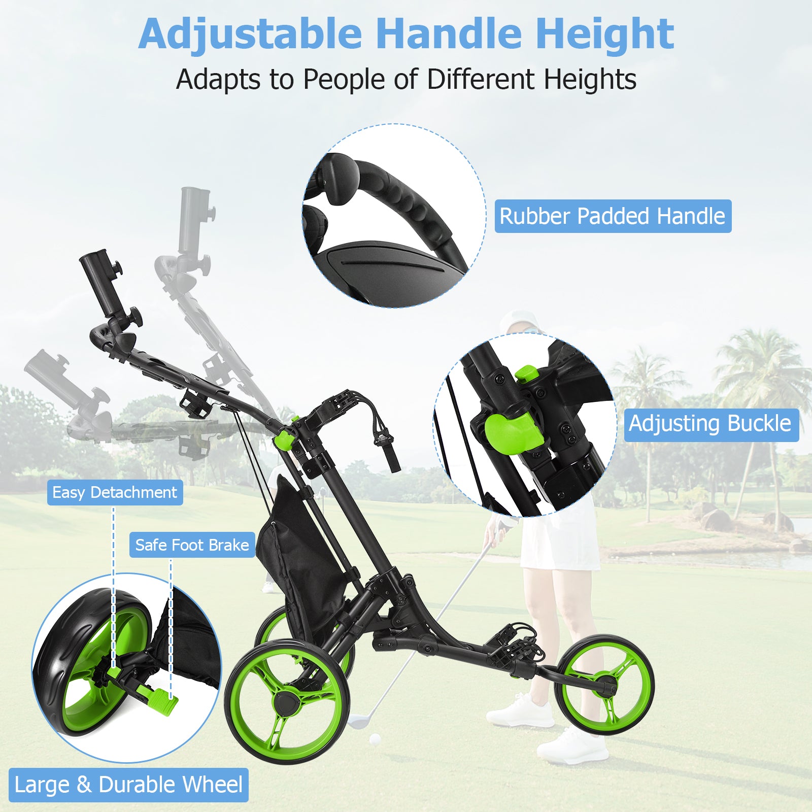 3 Wheel Folding Golf Walking Push Cart with Coated Storage Bag-Green