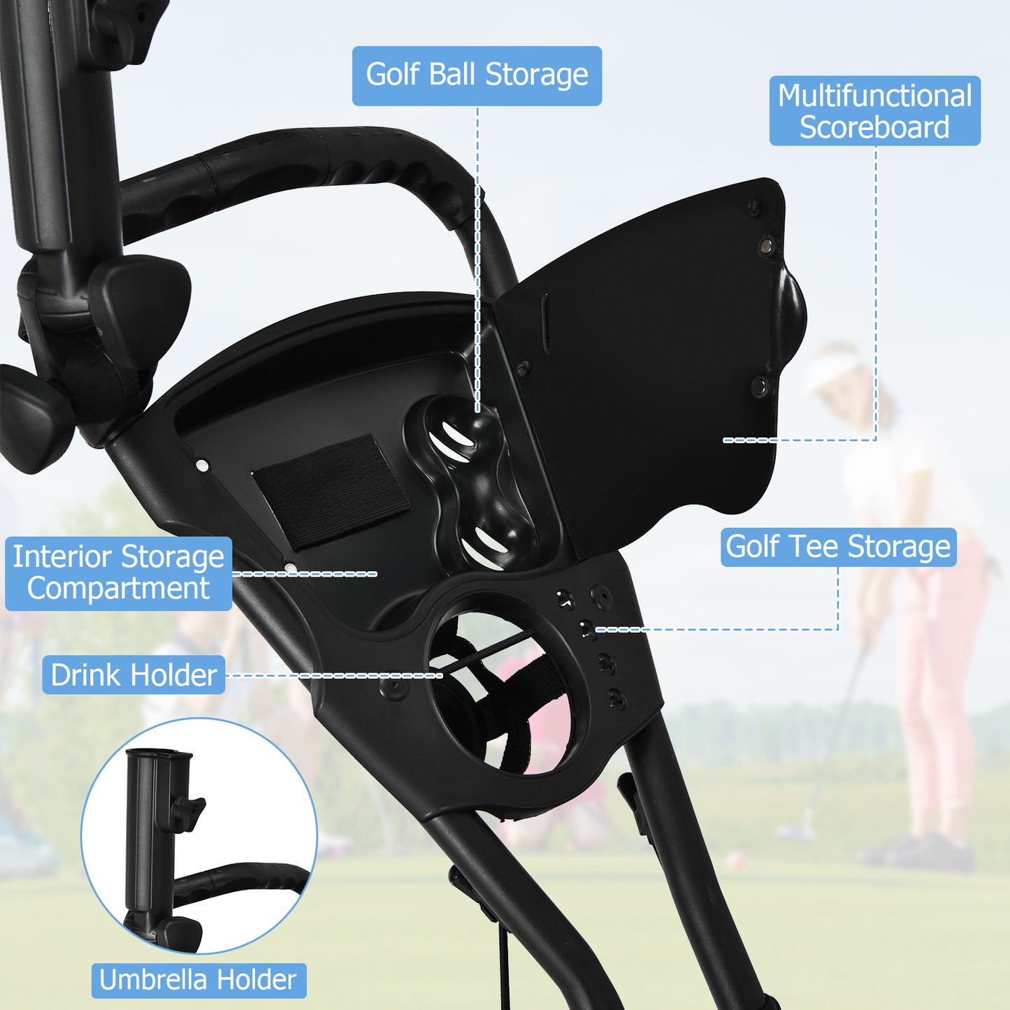 3 Wheel Folding Golf Walking Push Cart with Coated Storage Bag-Green
