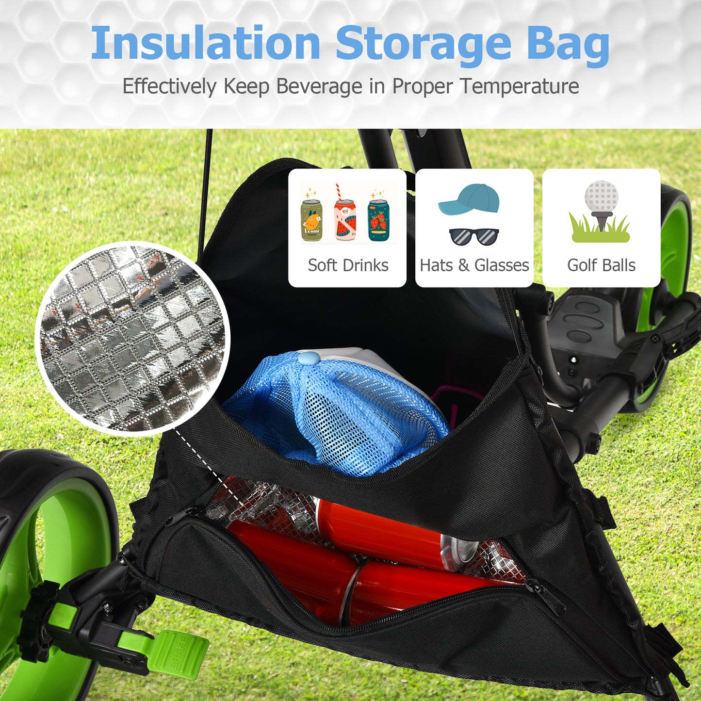 3 Wheel Folding Golf Walking Push Cart with Coated Storage Bag-Green