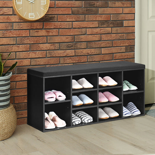 10-Cube Shoe Bench with Padded Cushions and Adjustable Shelves-Grey
