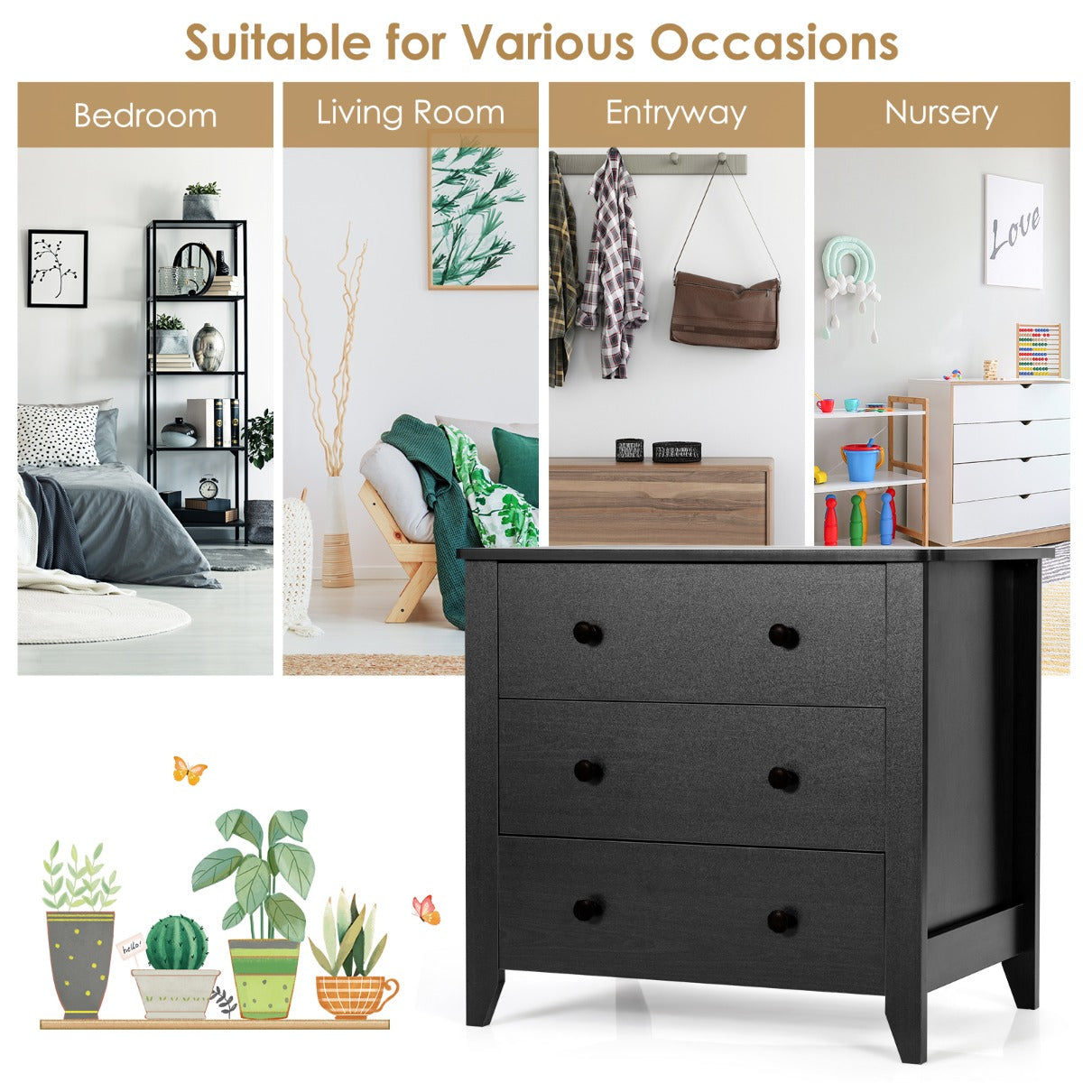 3 Chest of Drawers Nightstand for Bedroom-Black