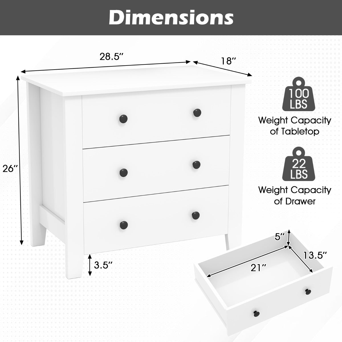 3 Chest of Drawers Nightstand for Bedroom-White