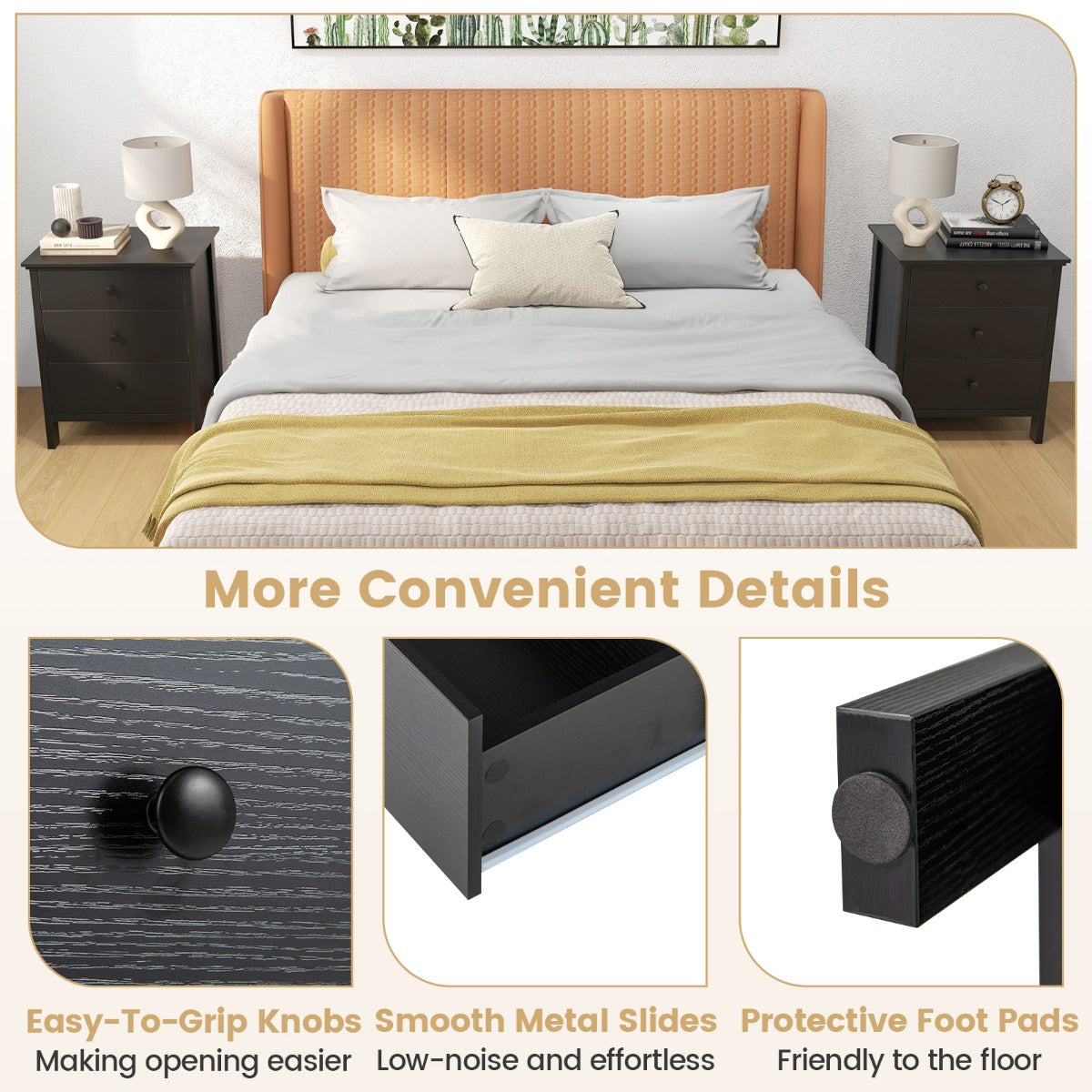 3-Drawer Nightstand for Living Room and Bedroom-Black