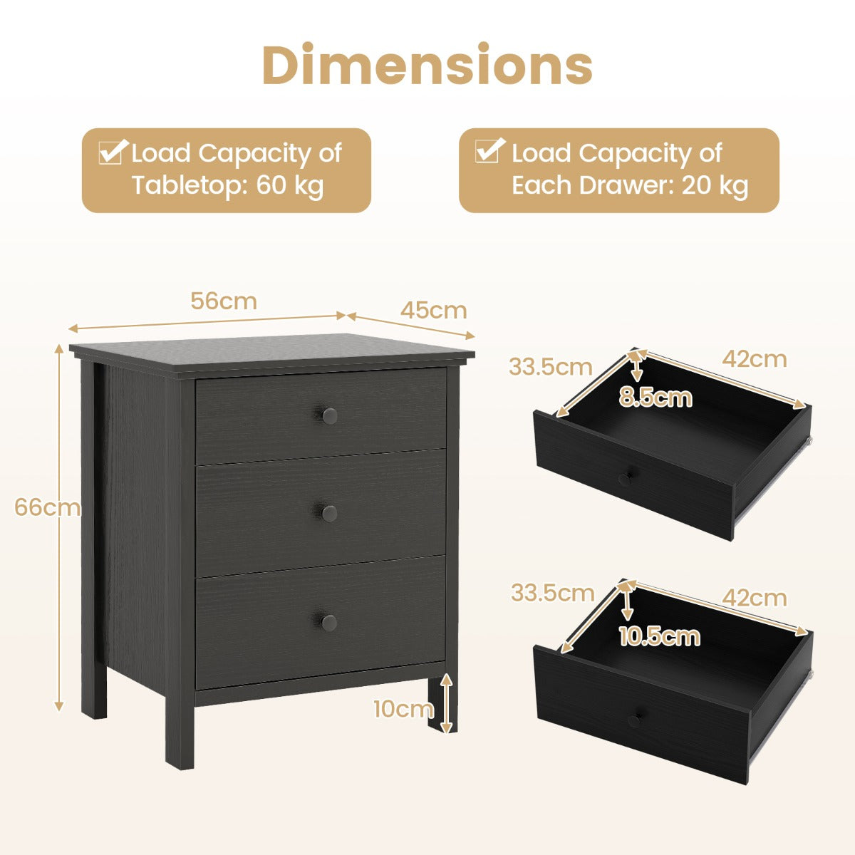 3-Drawer Nightstand for Living Room and Bedroom-Black